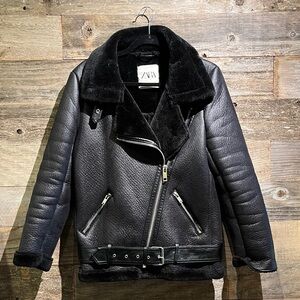 Zara Black Faux Shearling Biker Jacket